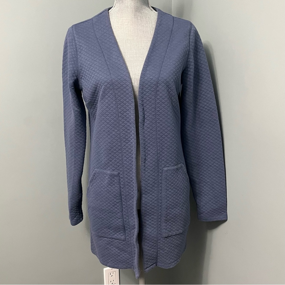 L.L. BEAN long Blue quilted open front cardigan size small cottagecore coastal